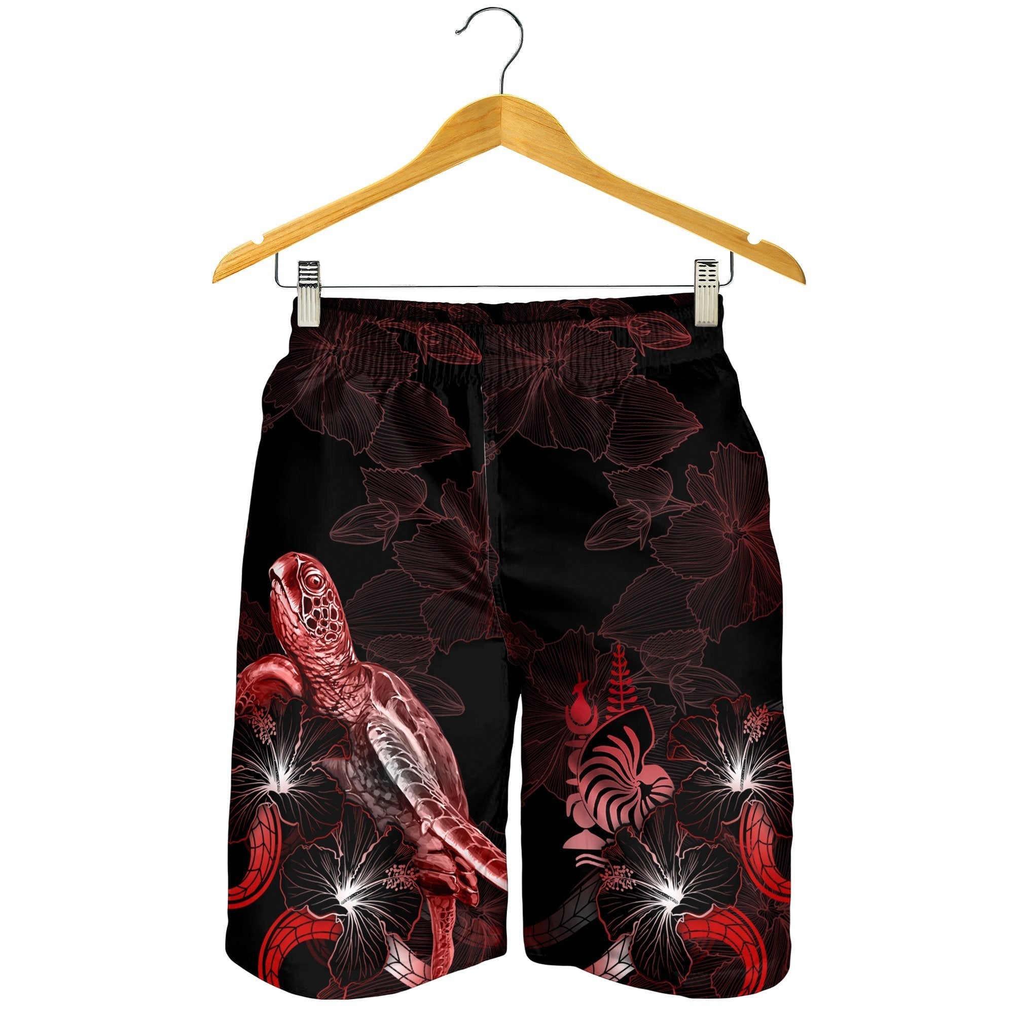 New Caledonia Polynesian Men's Shorts - Turtle With Blooming Hibiscus Red - Vibe Hoodie Shop