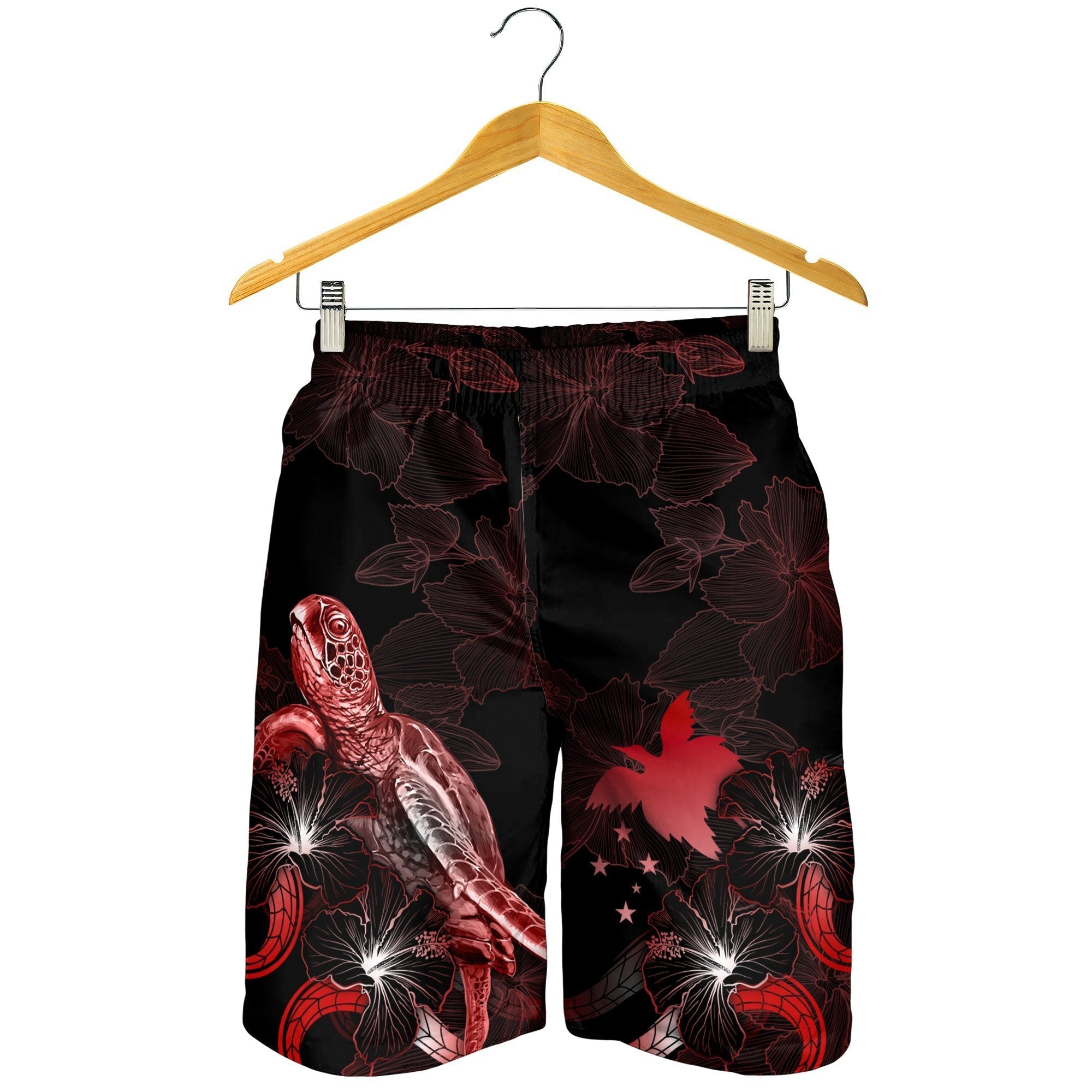 Papua New Guinea Polynesian Men's Shorts - Turtle With Blooming Hibiscus Red - Vibe Hoodie Shop