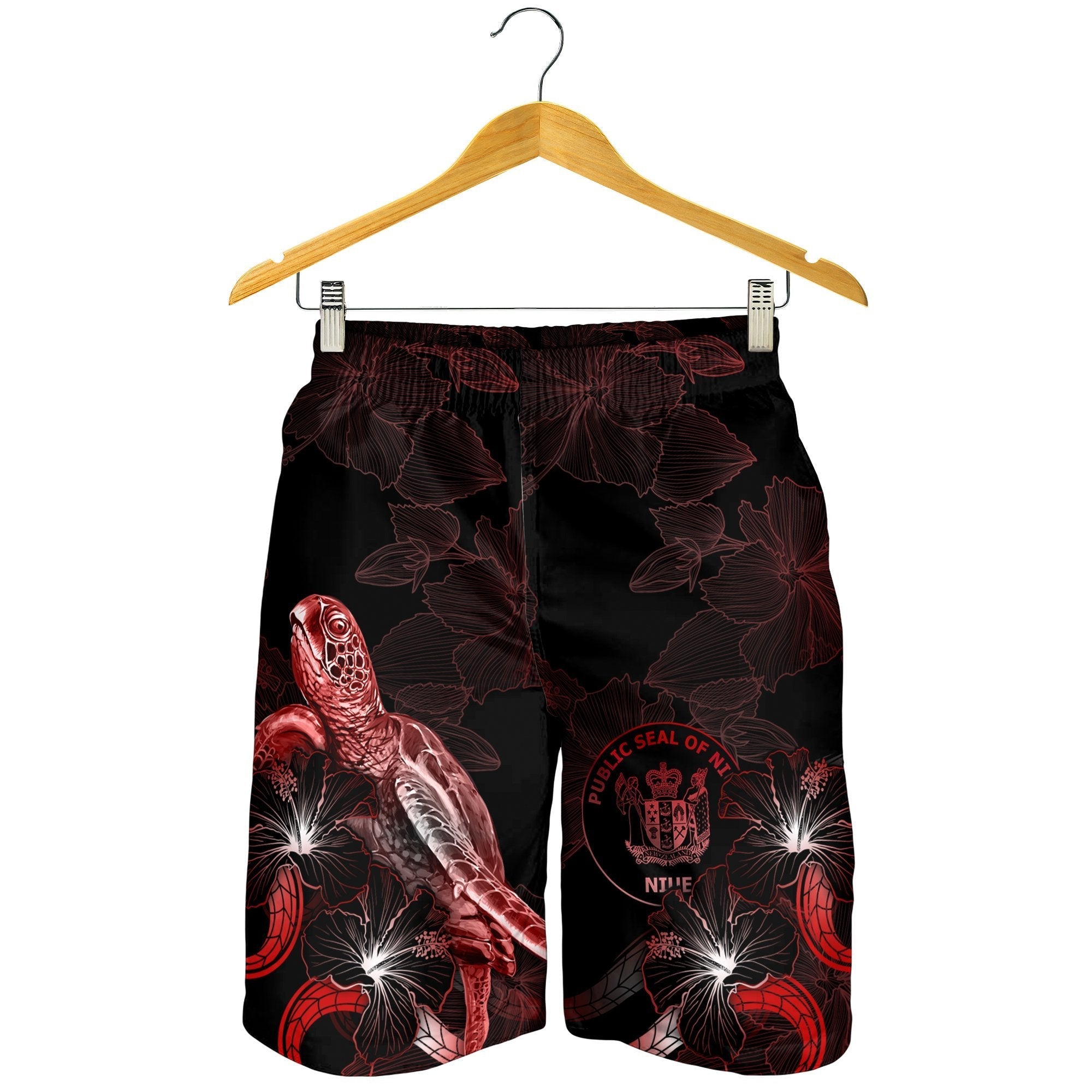 Niue Polynesian Men's Shorts - Turtle With Blooming Hibiscus Red - Vibe Hoodie Shop