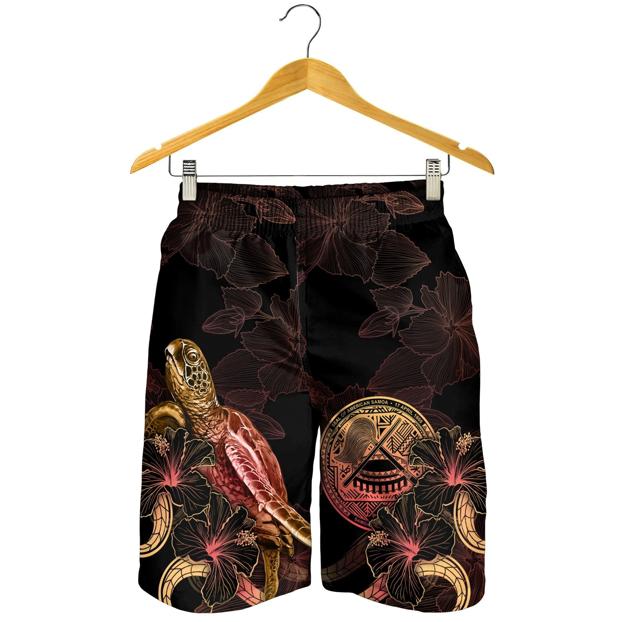 American Samoa Polynesian Men's Shorts - Turtle With Blooming Hibiscus Gold - Vibe Hoodie Shop