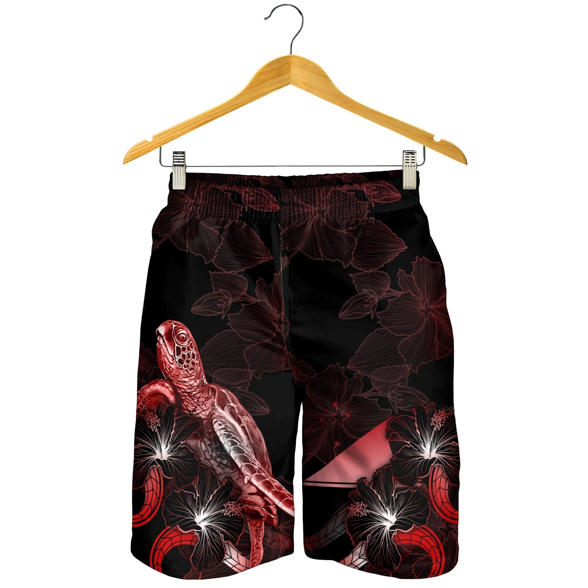 Tokelau Polynesian Men's Shorts - Turtle With Blooming Hibiscus Red - Vibe Hoodie Shop