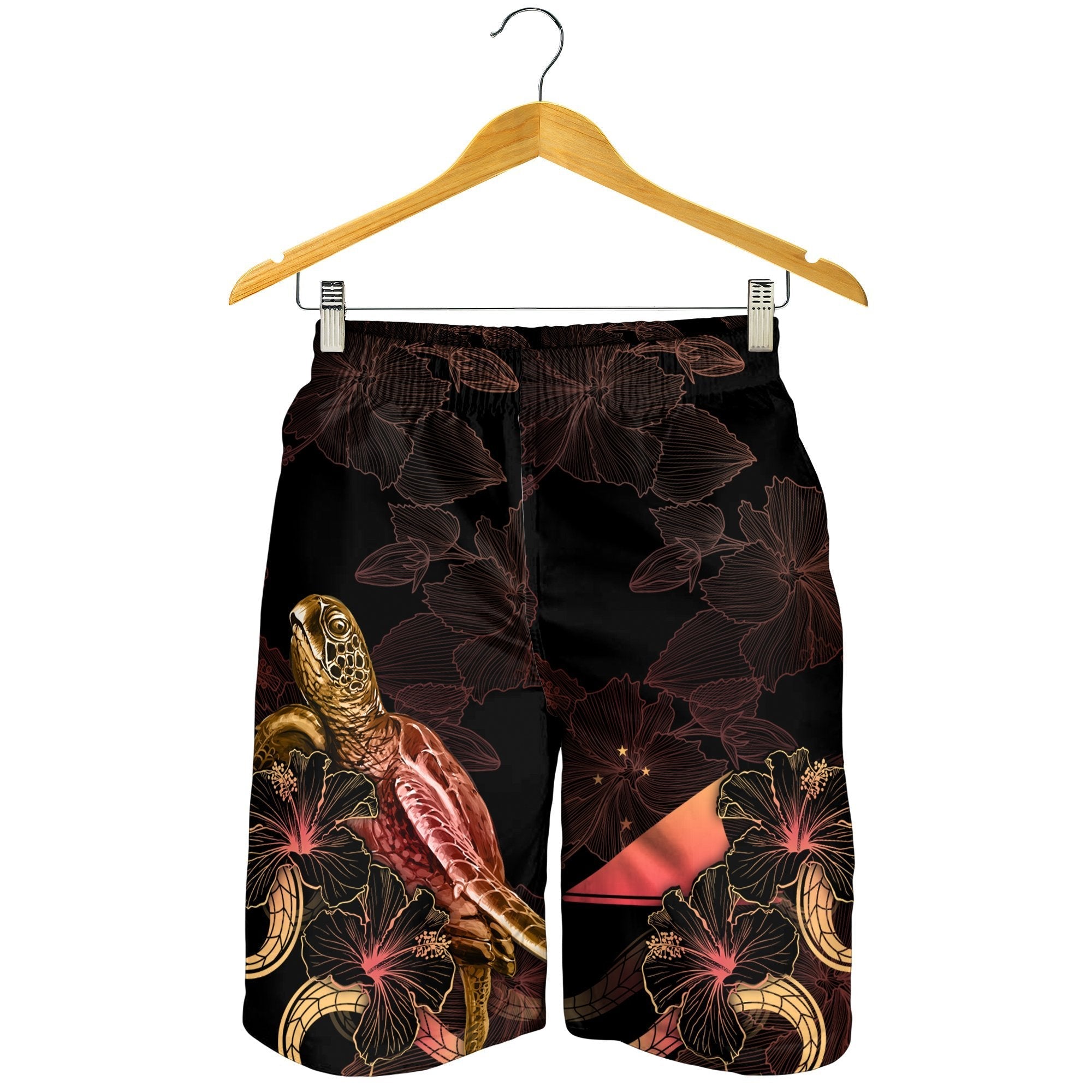 Tokelau Polynesian Men's Shorts - Turtle With Blooming Hibiscus Gold - Vibe Hoodie Shop