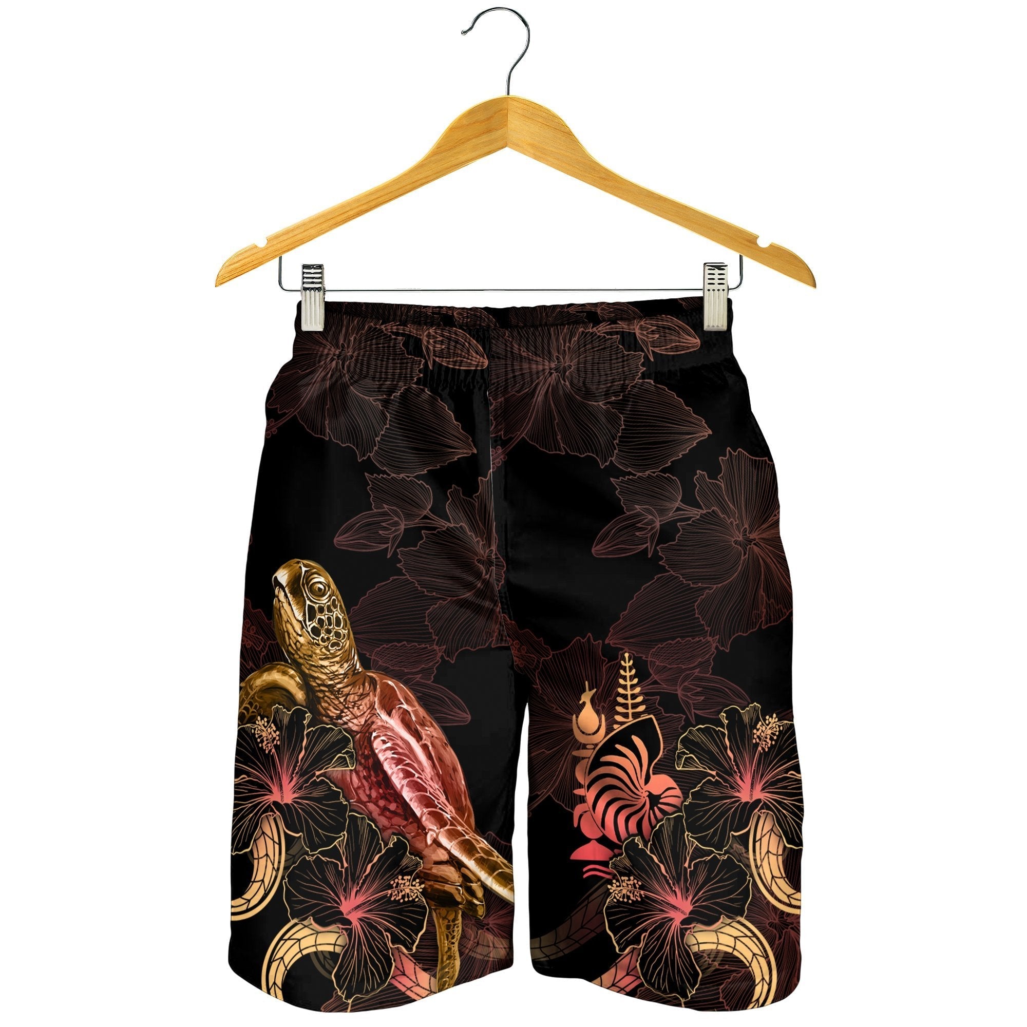 New Caledonia Polynesian Men's Shorts - Turtle With Blooming Hibiscus Gold - Vibe Hoodie Shop