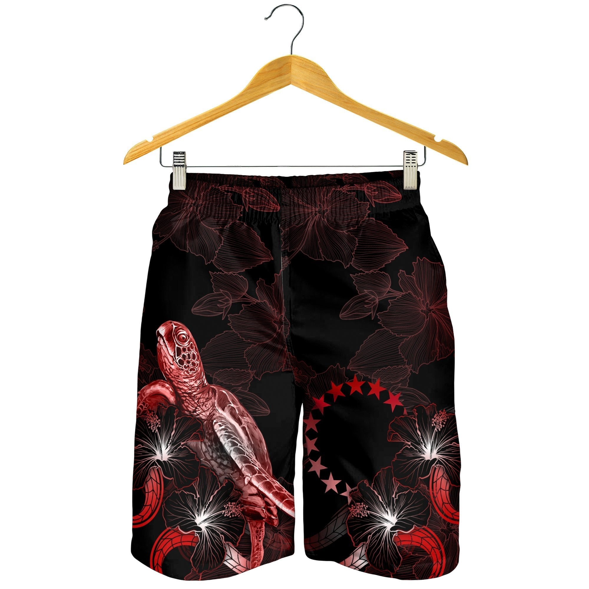 Cook Islands Polynesian Men's Shorts - Turtle With Blooming Hibiscus Red - Vibe Hoodie Shop