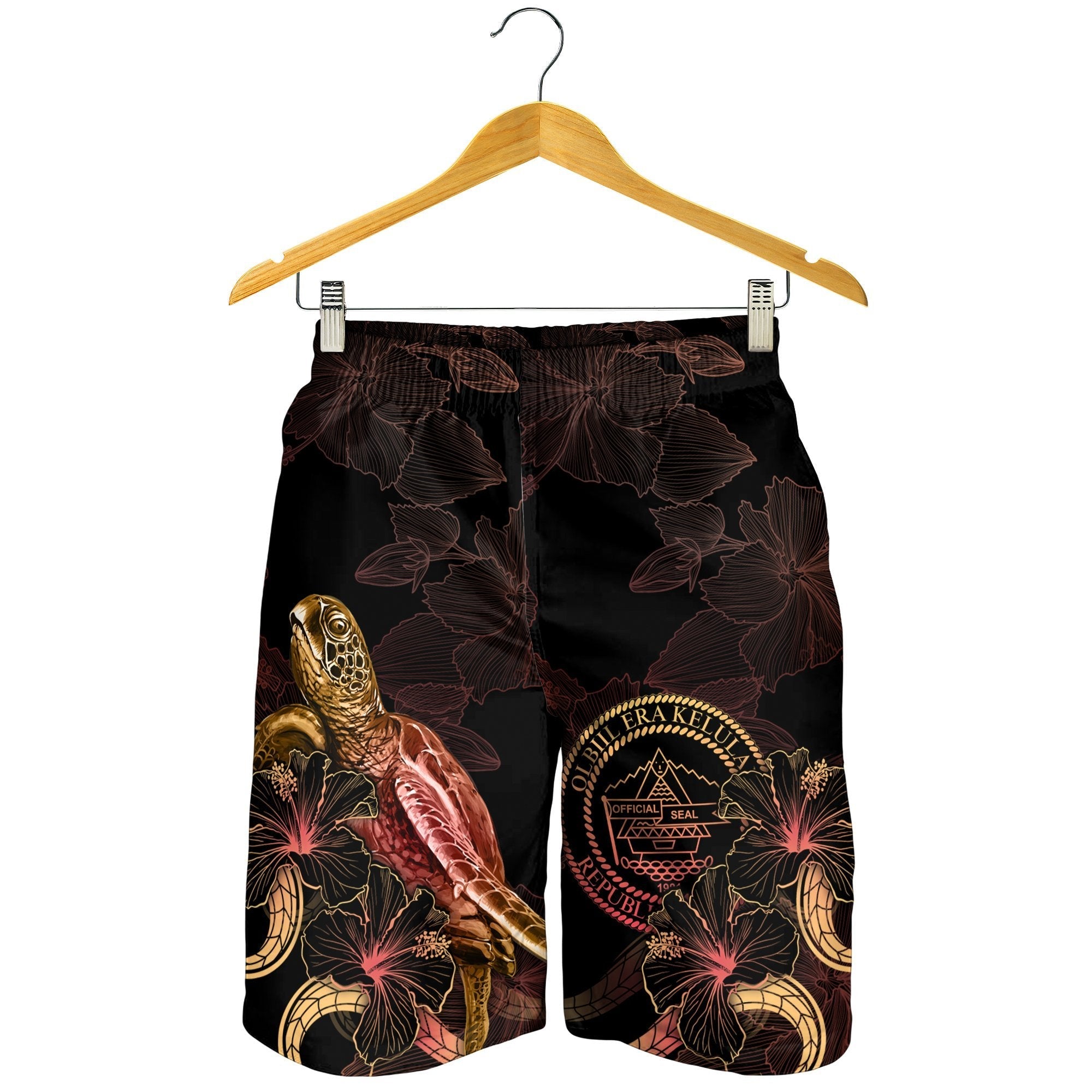 Palau Polynesian Men's Shorts - Turtle With Blooming Hibiscus Gold - Vibe Hoodie Shop