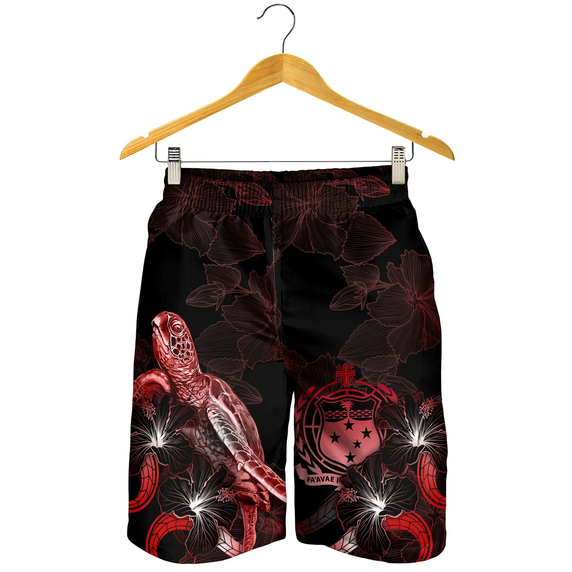 Samoa Polynesian Men's Shorts - Turtle With Blooming Hibiscus Red - Vibe Hoodie Shop