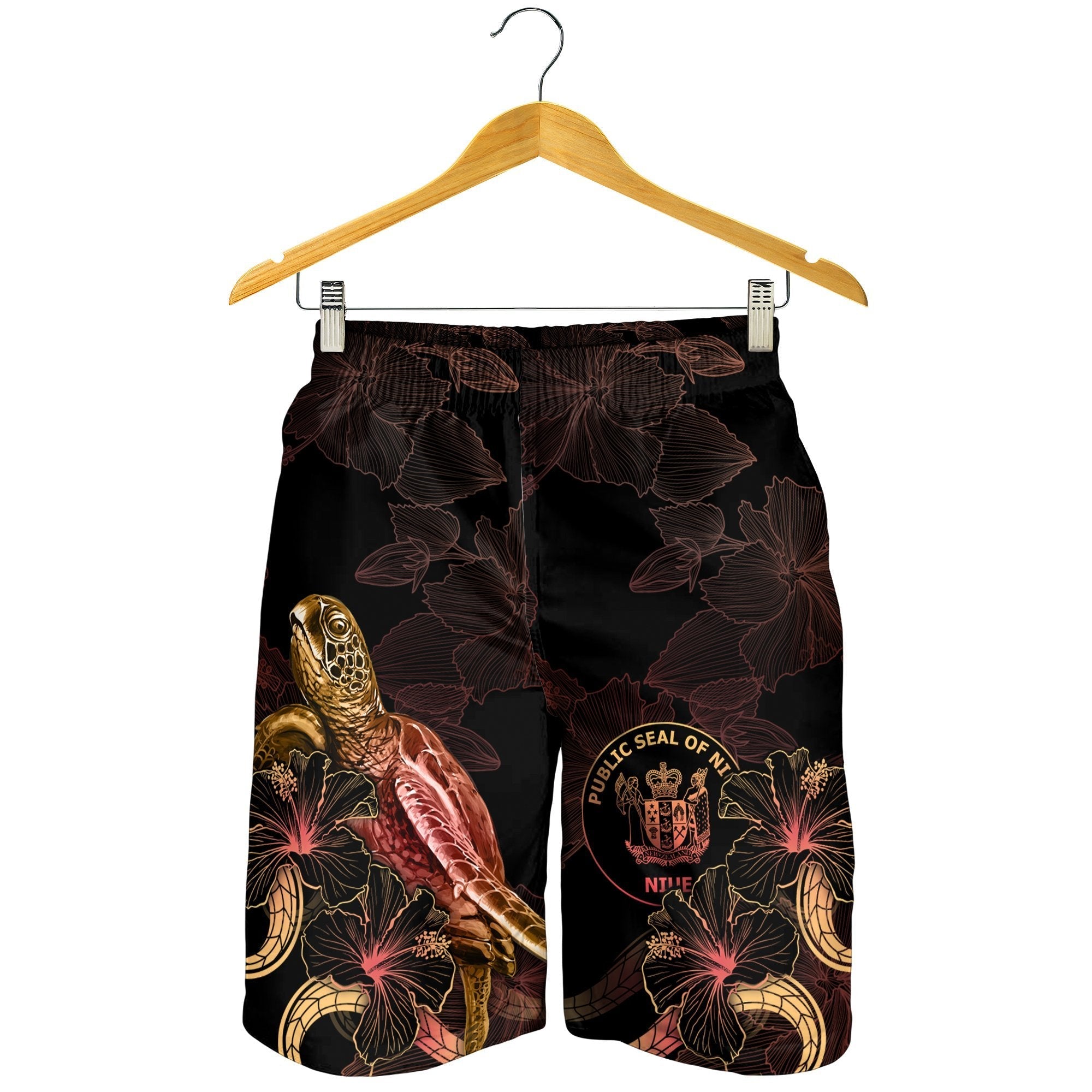 Niue Polynesian Men's Shorts - Turtle With Blooming Hibiscus Gold - Vibe Hoodie Shop