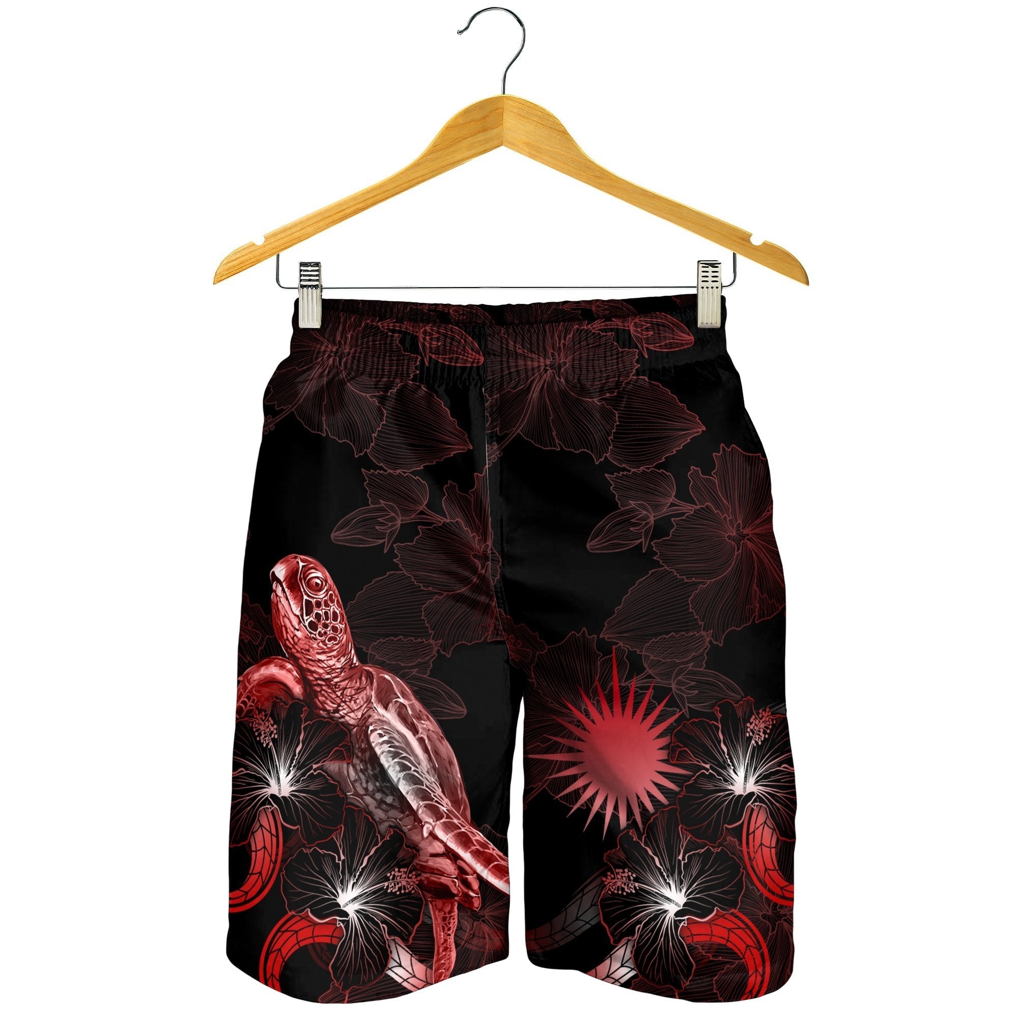 Marshall Islands Polynesian Men's Shorts - Turtle With Blooming Hibiscus Red - Vibe Hoodie Shop