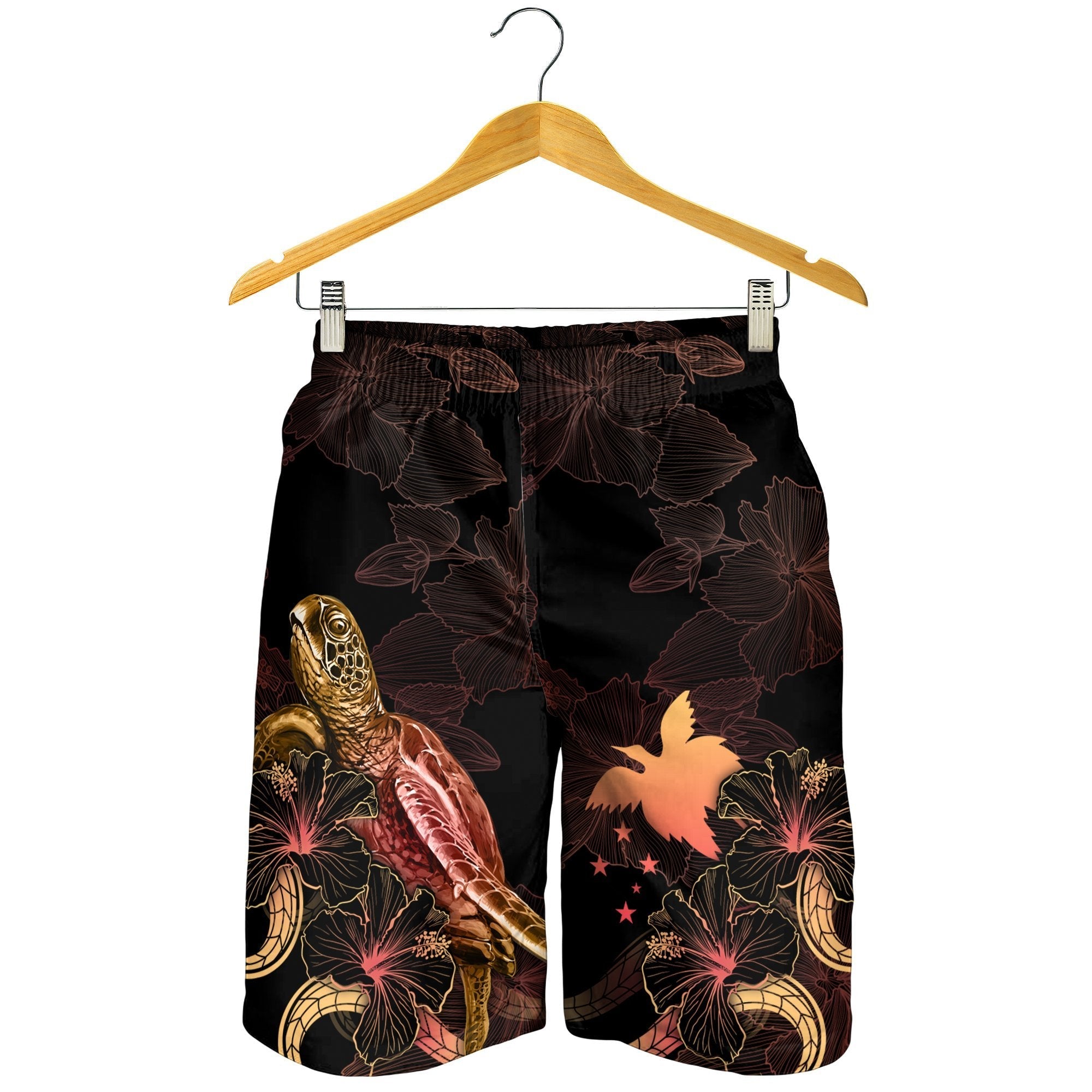 Papua New Guinea Polynesian Men's Shorts - Turtle With Blooming Hibiscus Gold - Vibe Hoodie Shop