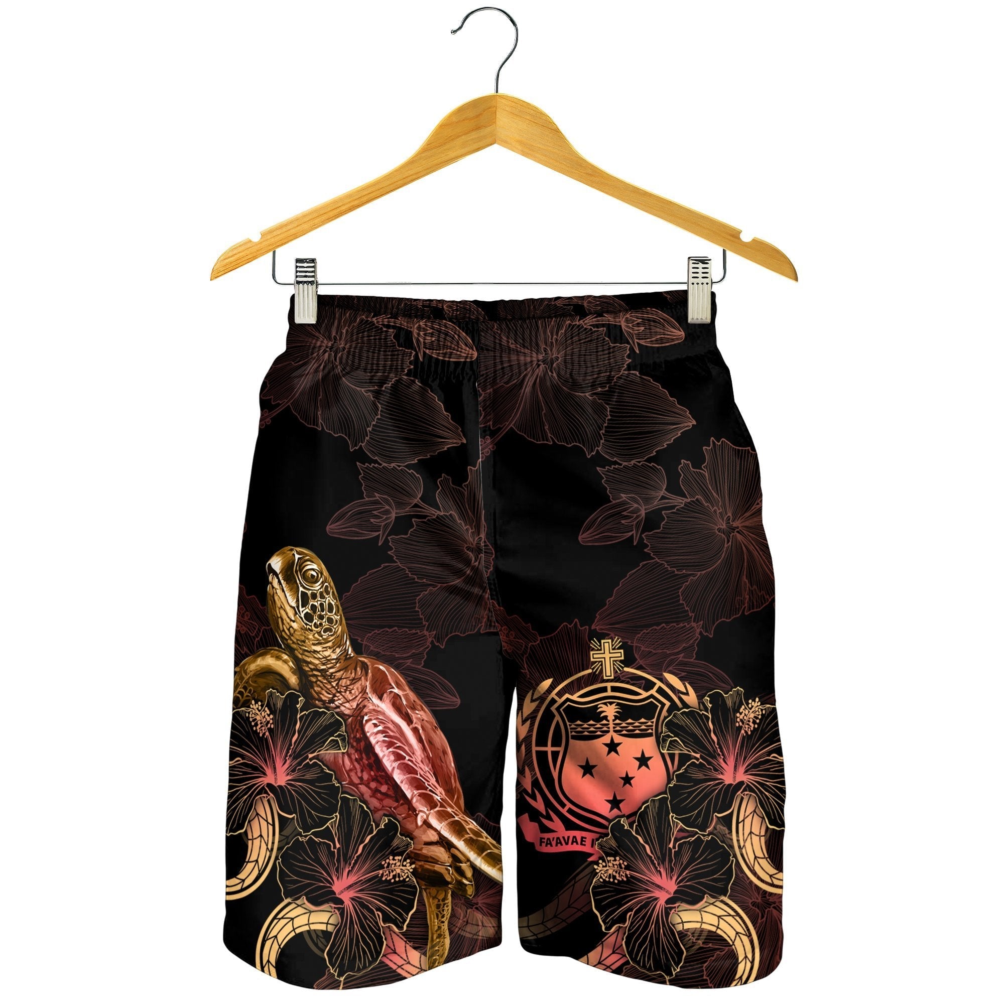 Samoa Polynesian Men's Shorts - Turtle With Blooming Hibiscus Gold - Vibe Hoodie Shop