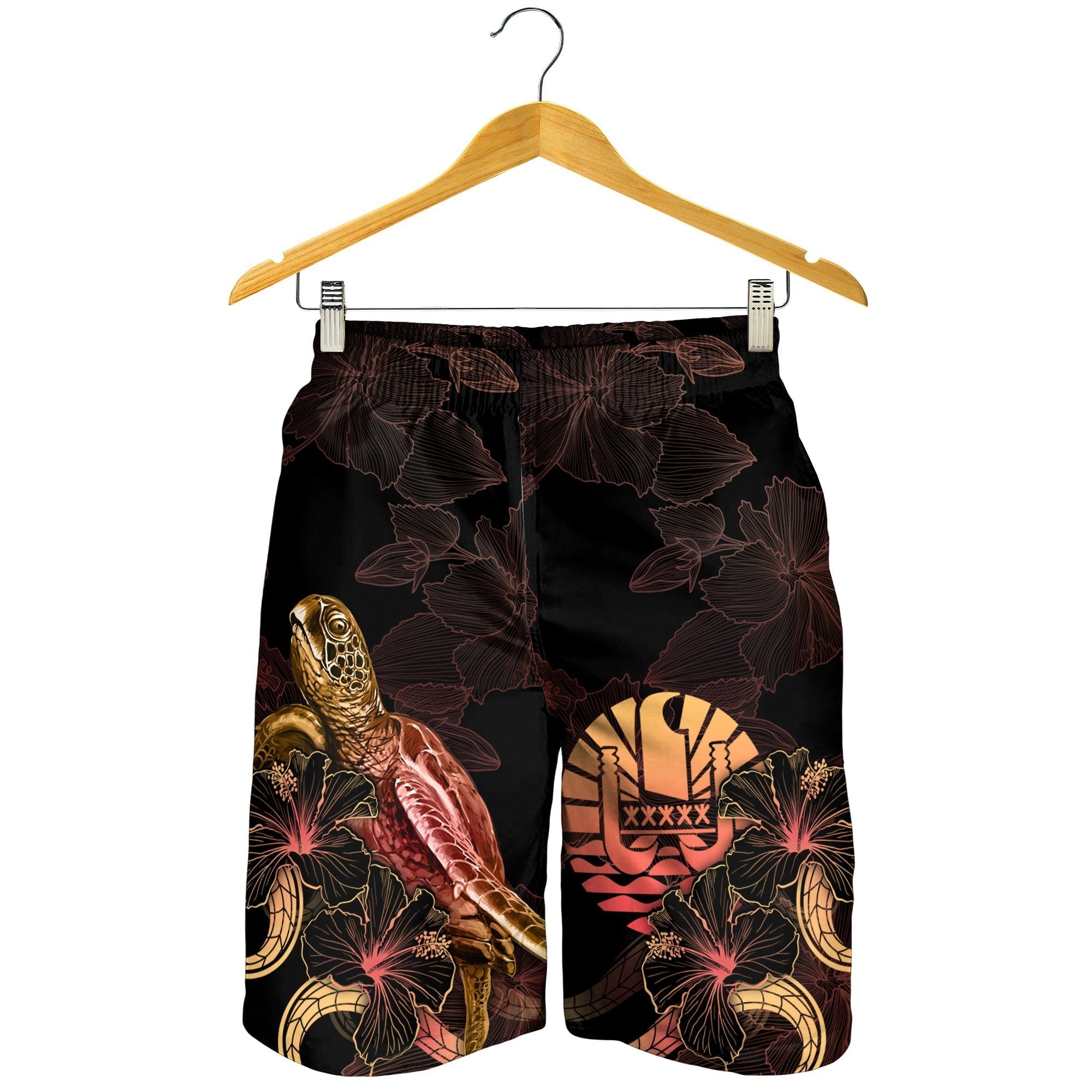 Tuvalu Polynesian Men's Shorts - Turtle With Blooming Hibiscus Gold - Vibe Hoodie Shop