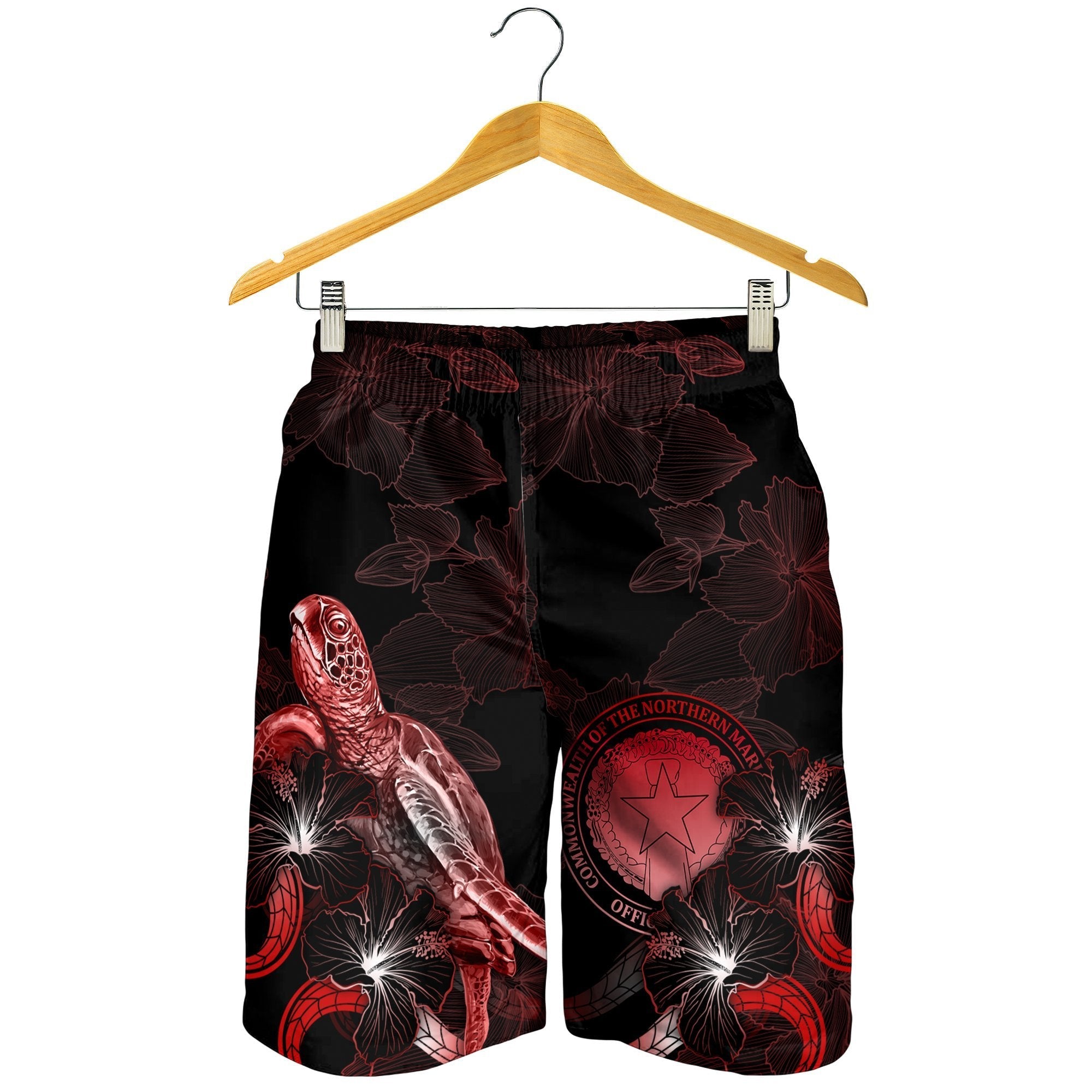 CNMI Polynesian Men's Shorts - Turtle With Blooming Hibiscus Red - Vibe Hoodie Shop