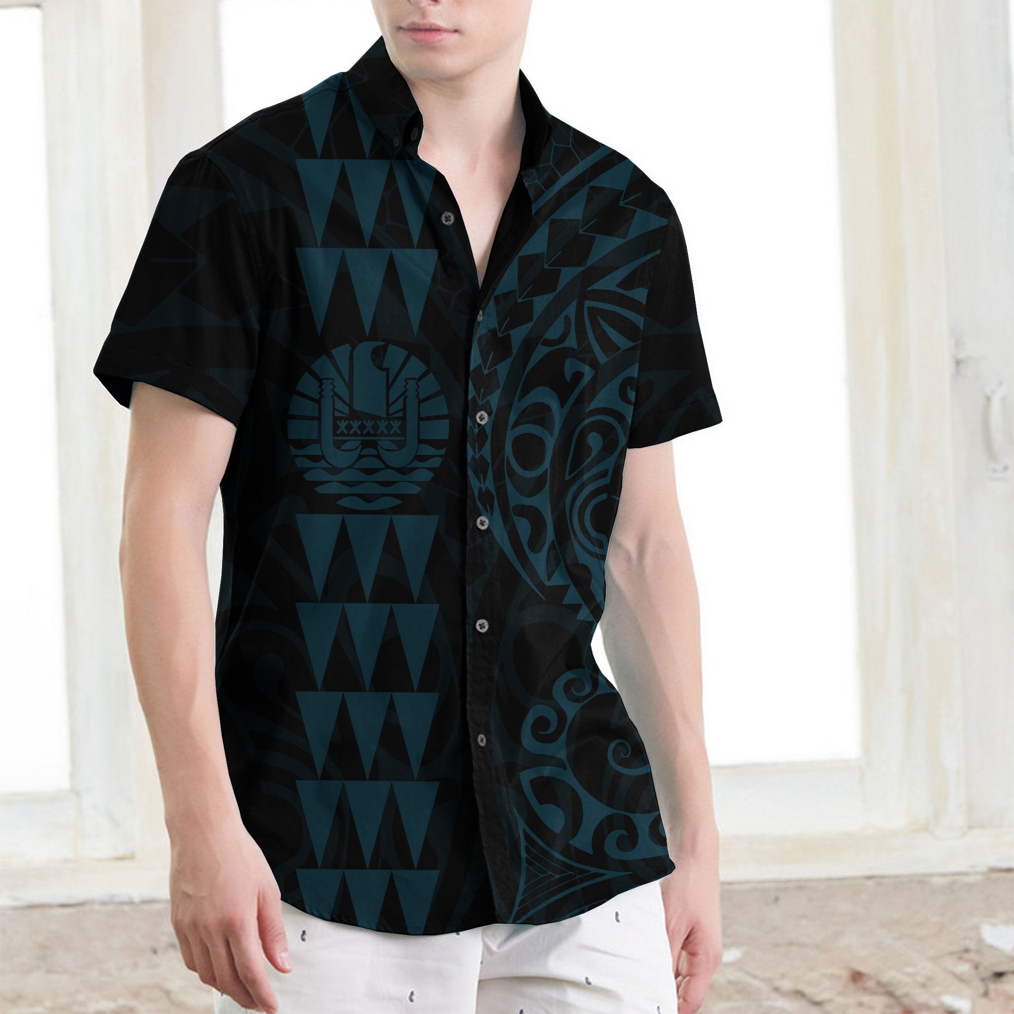 Tahiti Polynesian Short Sleeve Shirt Blue - Vibe Hoodie Shop