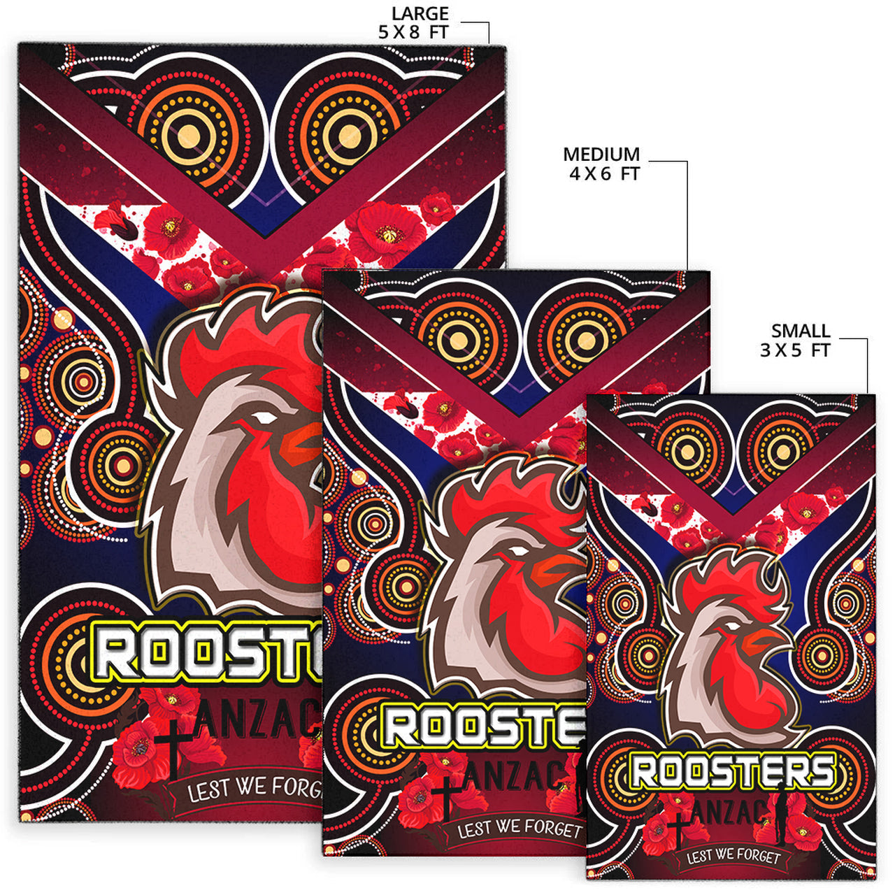 Roosters Rugby Area Rug - Aboriginal Rooster ANZAC Day Lest We Forget With Poppy Flower Patterns Area Rug RLT12 - Vibe Hoodie Shop