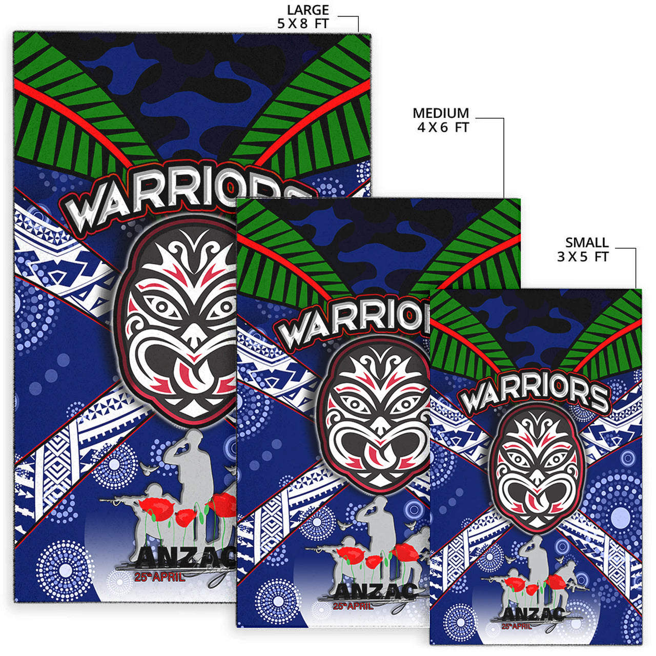 Warriors Rugby Area Rug - Aboriginal Dot Art ANZAC Day Warriors With Poppy Flower Patterns Area Rug RLT12 - Vibe Hoodie Shop