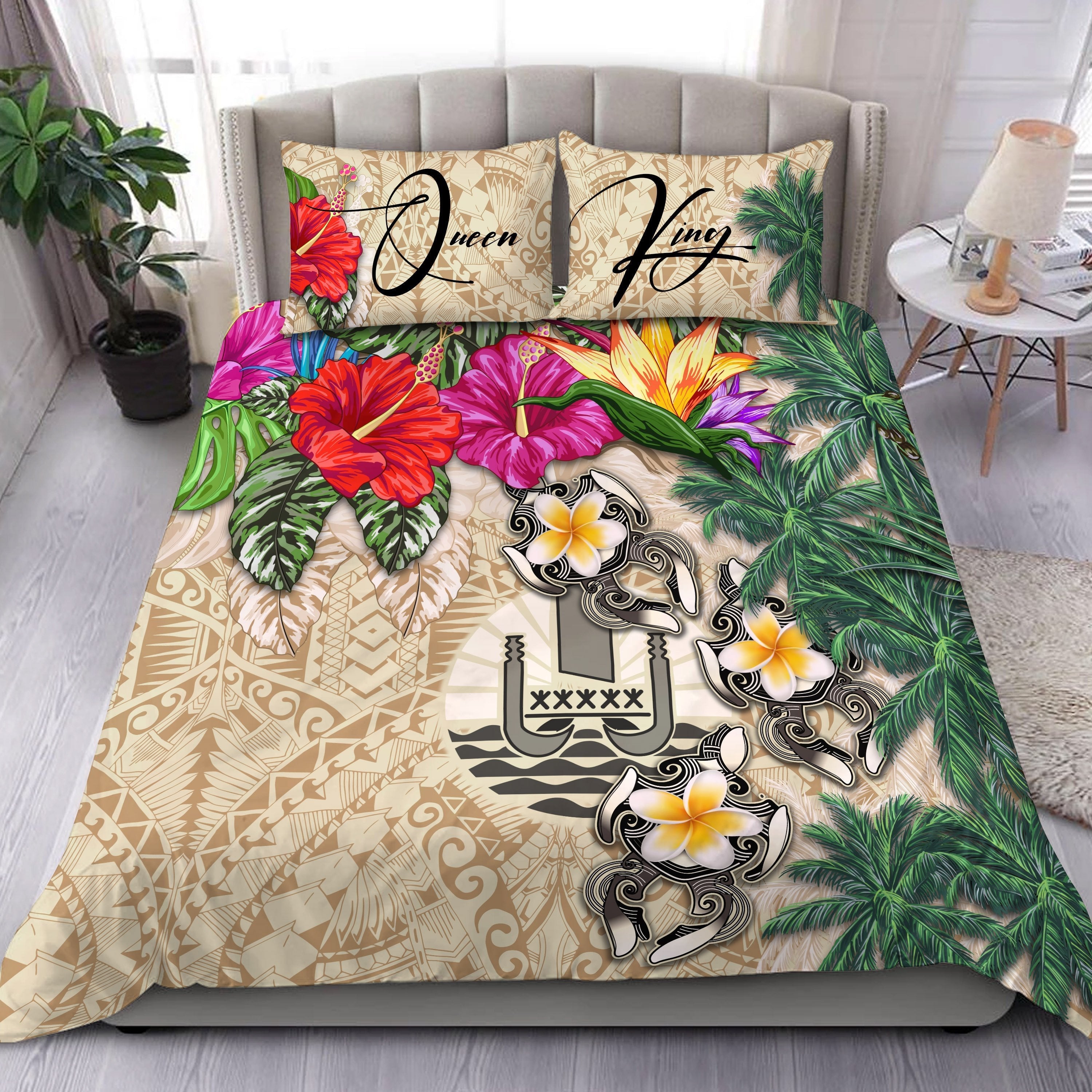 (Custom) Tahiti Bedding Set Hibiscus Turtle Beige Personal Signature - Vibe Hoodie Shop