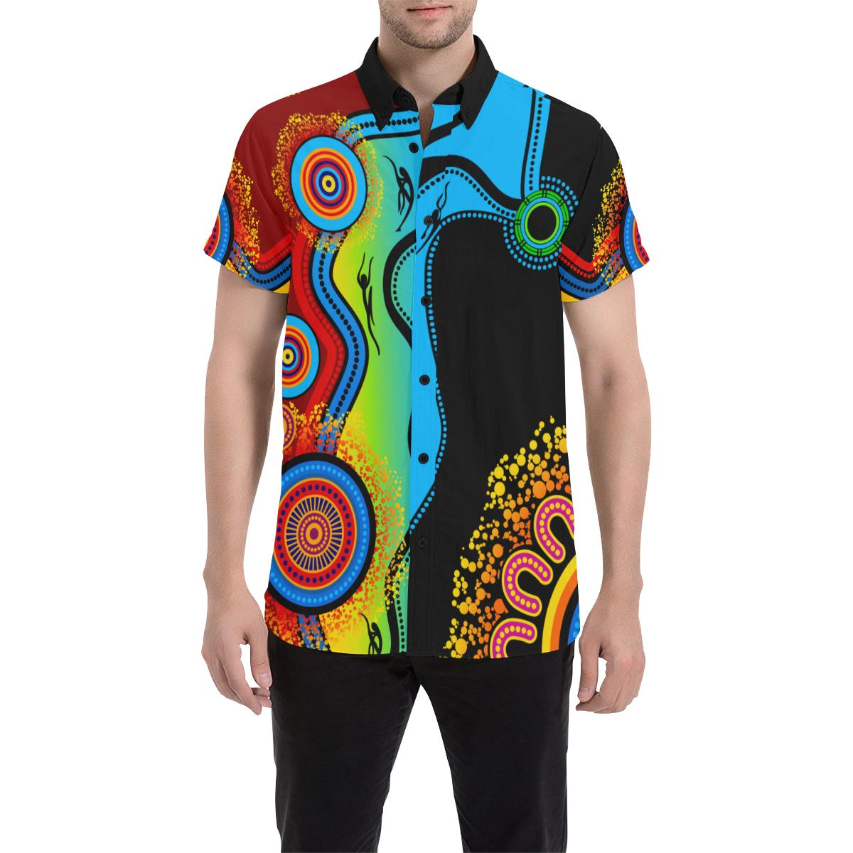 Aboriginal Short Sleeve Shirt - Australia Dot Painting Art Blue Dream - Vibe Hoodie Shop