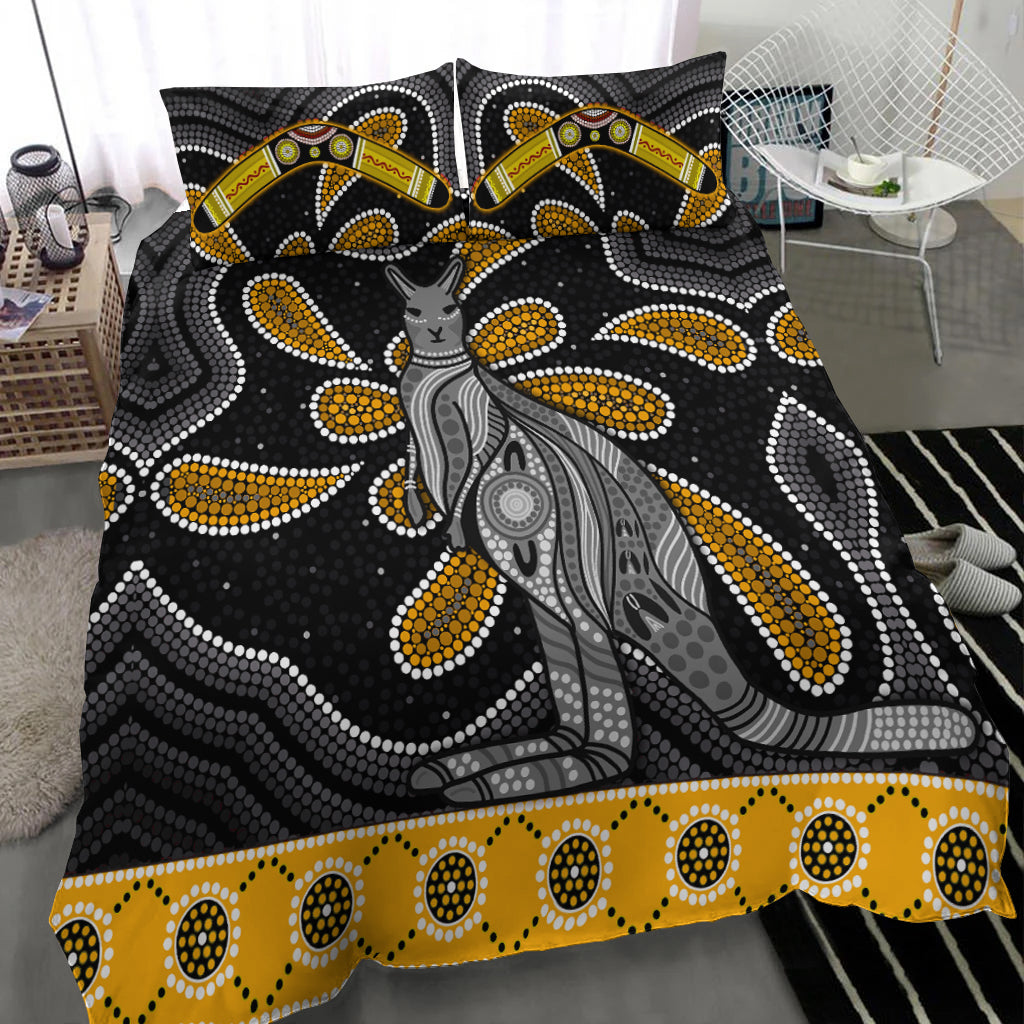 Aboriginal Boomerang Bedding Set Kangaroo Australia Gold - Vibe Hoodie Shop