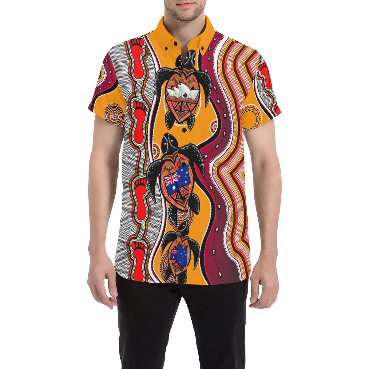 Aboriginal Short Sleeve Shirt, Turtle Australia Flag Footprint Sydney Opera - Vibe Hoodie Shop