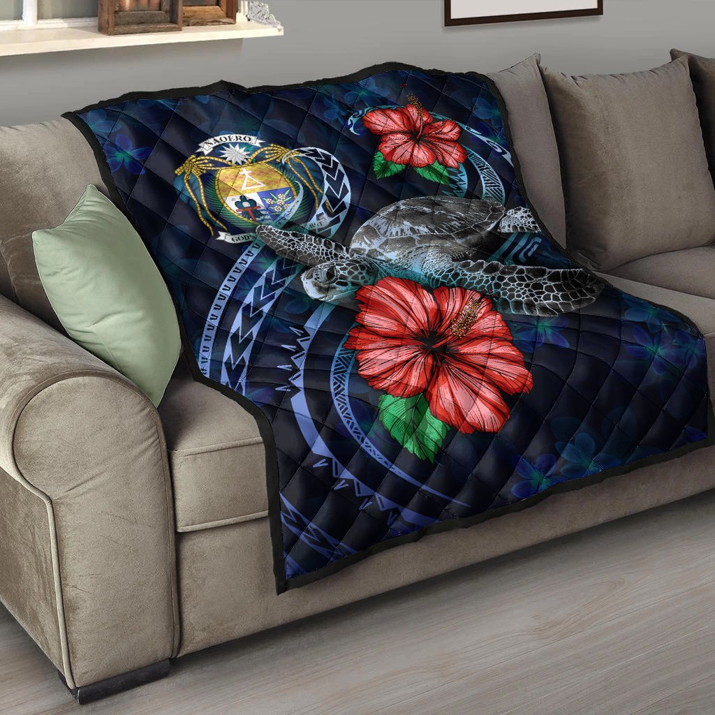 Nauru Polynesian Premium Quilt - Blue Turtle Hibiscus - Vibe Hoodie Shop
