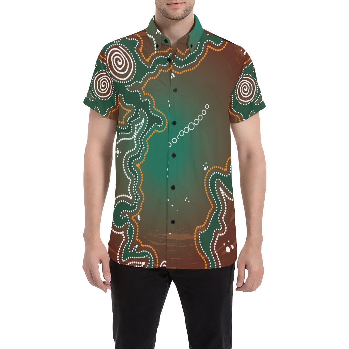 Aboriginal Short Sleeve Shirt - Green Dot Painting Art - Vibe Hoodie Shop