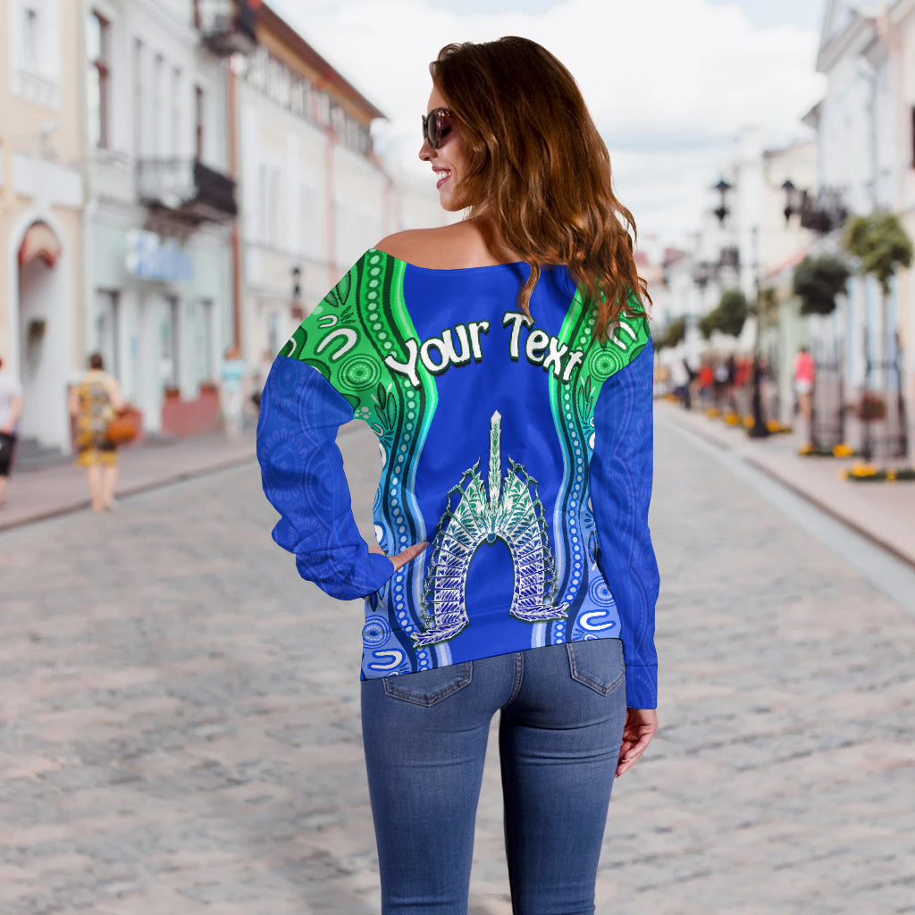 (Custom Personalised) Torres Strait Islands Off Shoulder Sweater The Dhari Mix Aboriginal Turtle Version Blue - Vibe Hoodie Shop