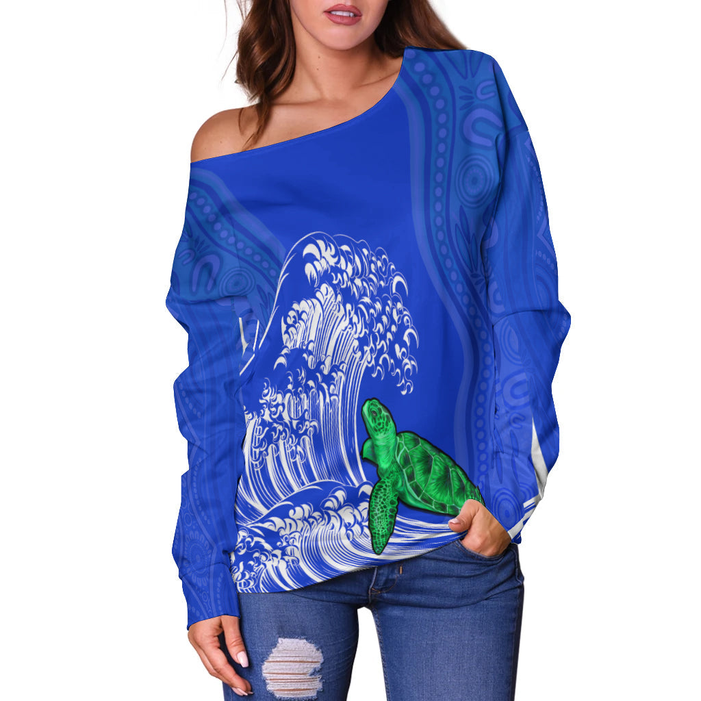 (Custom Personalised) Torres Strait Islands Off Shoulder Sweater The Dhari Mix Aboriginal Turtle Version Blue - Vibe Hoodie Shop