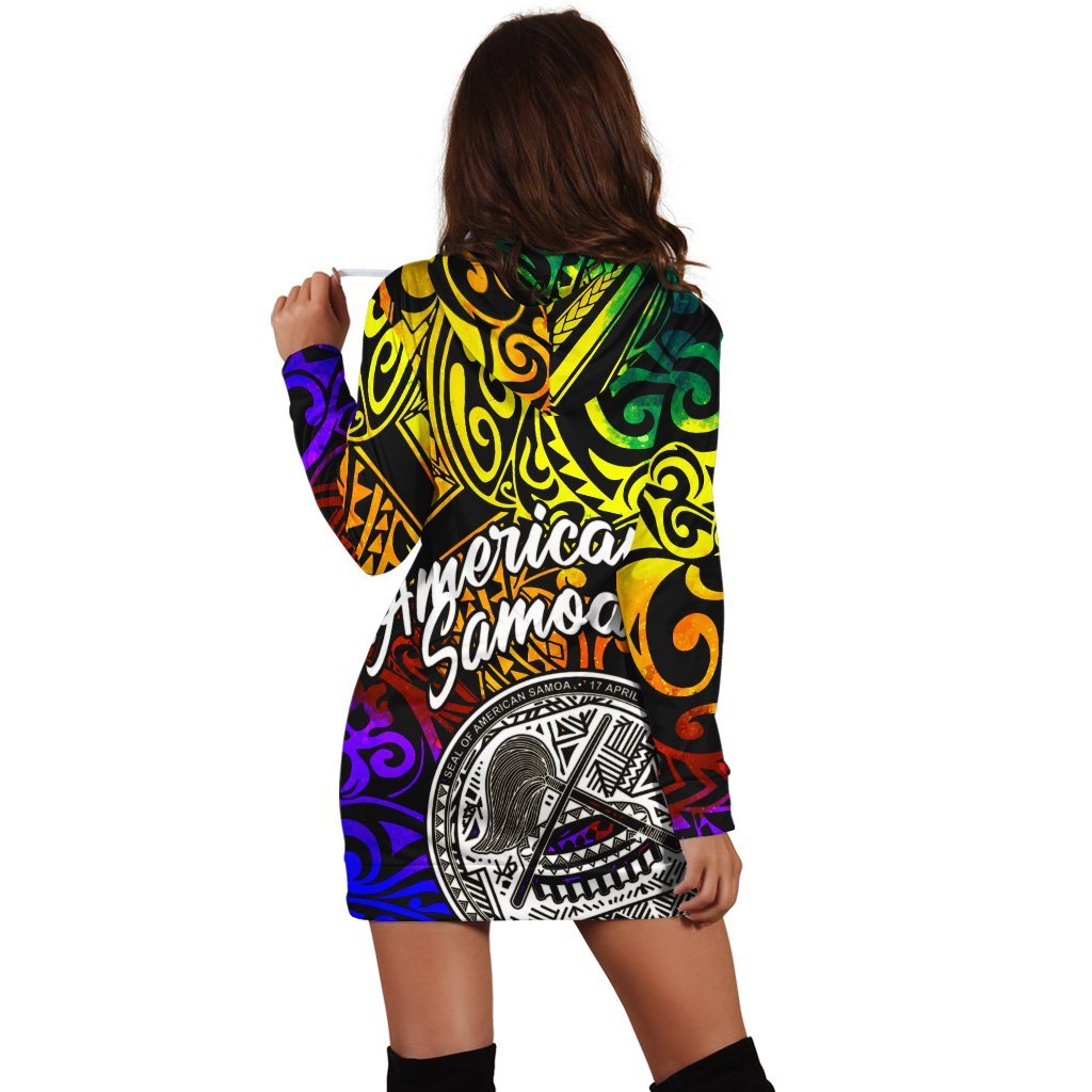 American Samoa Custom Personalised Hoodie Dress - Rainbow Polynesian Pattern - Vibe Hoodie Shop