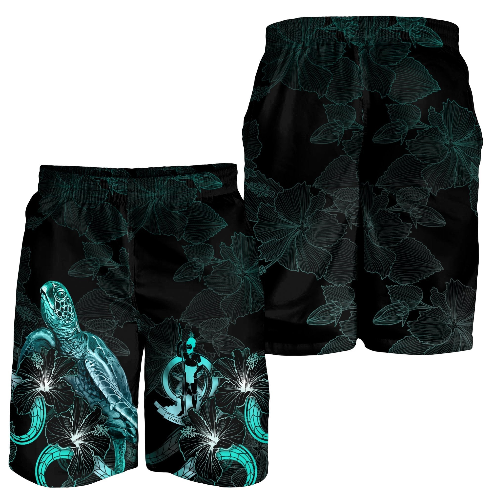 Vanuatu Polynesian Men's Shorts - Turtle With Blooming Hibiscus Turquoise - Vibe Hoodie Shop