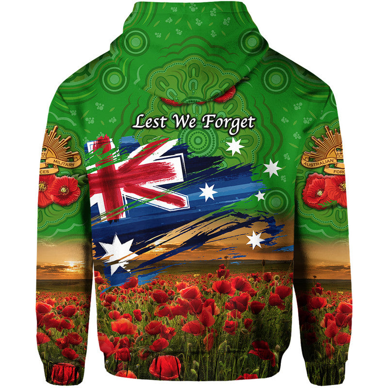 Australia Aboriginal ANZAC Zip Up And Pullover Hoodie Poppy Vibes - Green LT8 - Vibe Hoodie Shop