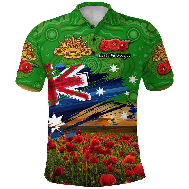 (Custom Personalised) Australia Aboriginal ANZAC Polo Shirt Poppy Vibes - Green - Vibe Hoodie Shop