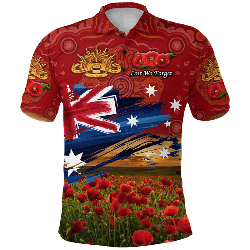 (Custom Personalised) Australia Aboriginal ANZAC Polo Shirt Poppy Vibes - Red - Vibe Hoodie Shop