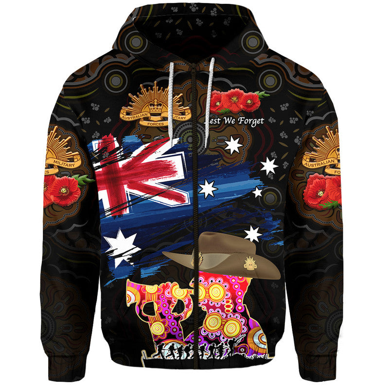 Australia Aboriginal ANZAC Zip Up And Pullover Hoodie Remembrance Vibes - Black LT8 - Vibe Hoodie Shop