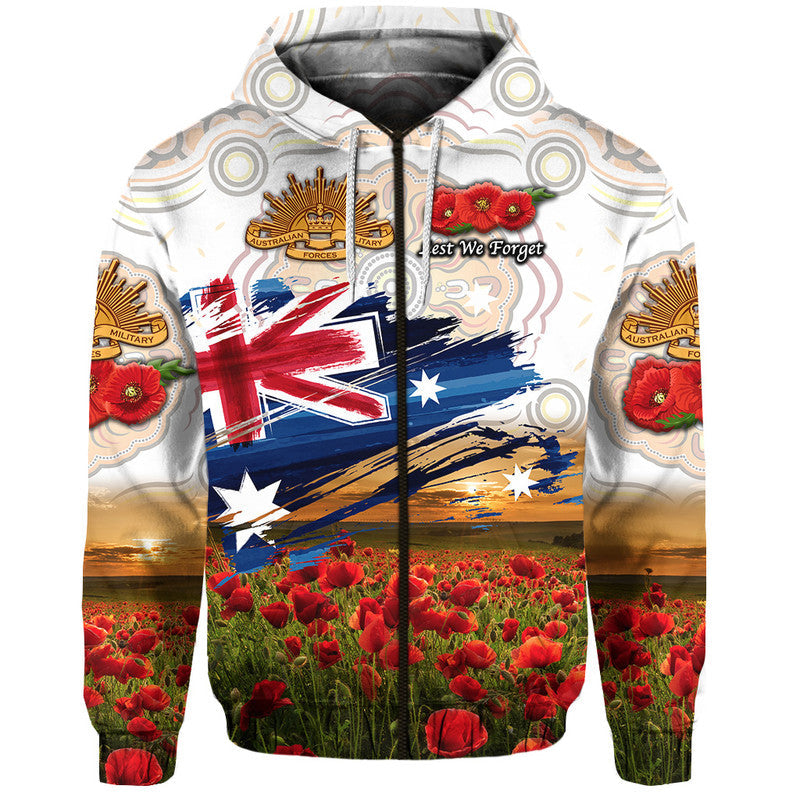 Australia Aboriginal ANZAC Zip Up And Pullover Hoodie Poppy Vibes - White LT8 - Vibe Hoodie Shop