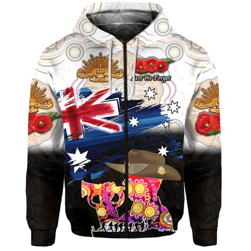 (Custom Personalised) Australia Aboriginal ANZAC Zip Up And Pullover Hoodie Remembrance Vibes - White LT8 - Vibe Hoodie Shop