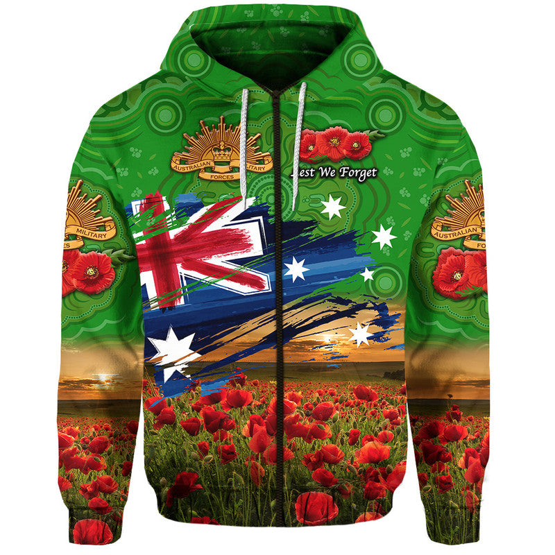 Australia Aboriginal ANZAC Zip Up And Pullover Hoodie Poppy Vibes - Green LT8 - Vibe Hoodie Shop