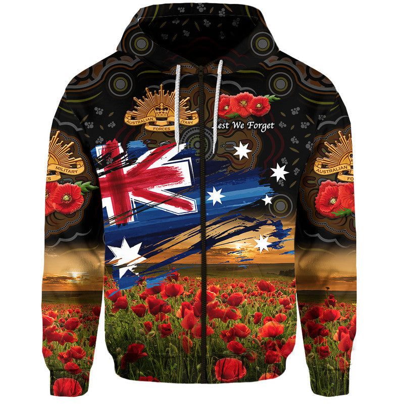 (Custom Personalised) Australia Aboriginal ANZAC Zip Up And Pullover Hoodie Poppy Vibes - Black LT8 - Vibe Hoodie Shop