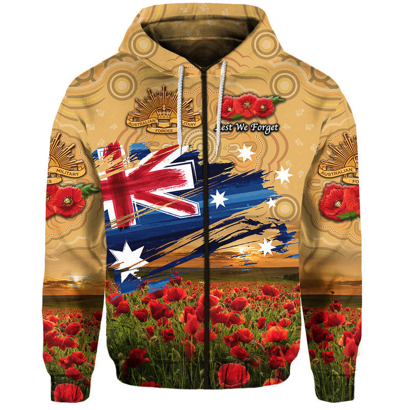 Australia Aboriginal ANZAC Zip Up And Pullover Hoodie Poppy Vibes - Gold LT8 - Vibe Hoodie Shop