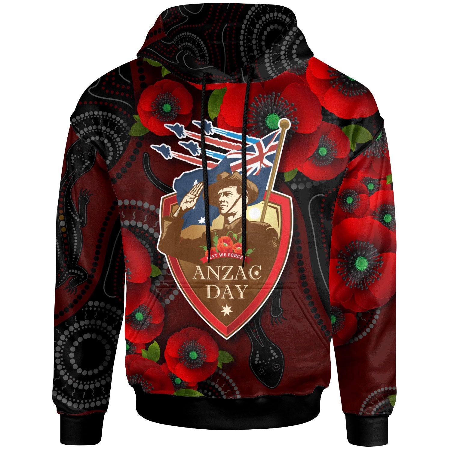 Australia Anzac Day Hoodie - Aboriginal Inspired Art Background With Lizard Poppy Flowers - Vibe Hoodie Shop