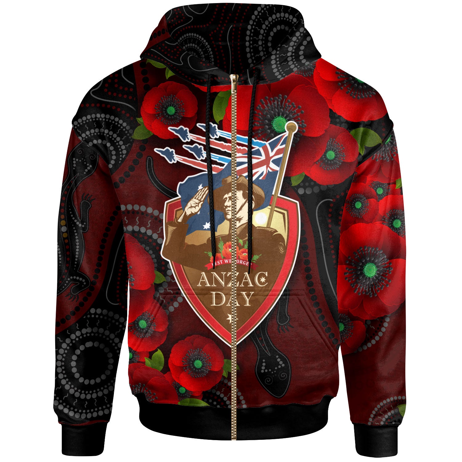 Australia Anzac Day Hoodie - Aboriginal Inspired Art Background With Lizard Poppy Flowers - Vibe Hoodie Shop