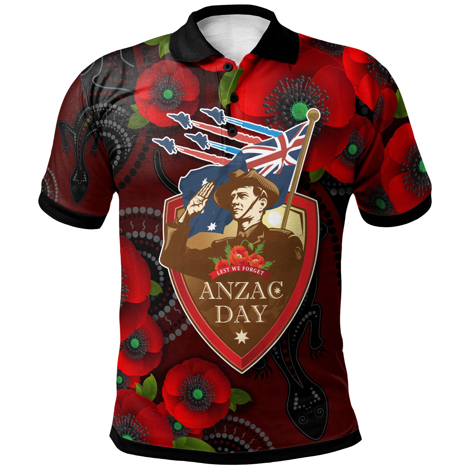 Australia Anzac Day Polo Shirt - Aboriginal Inspired Art Background With Lizard Poppy Flowers - Vibe Hoodie Shop