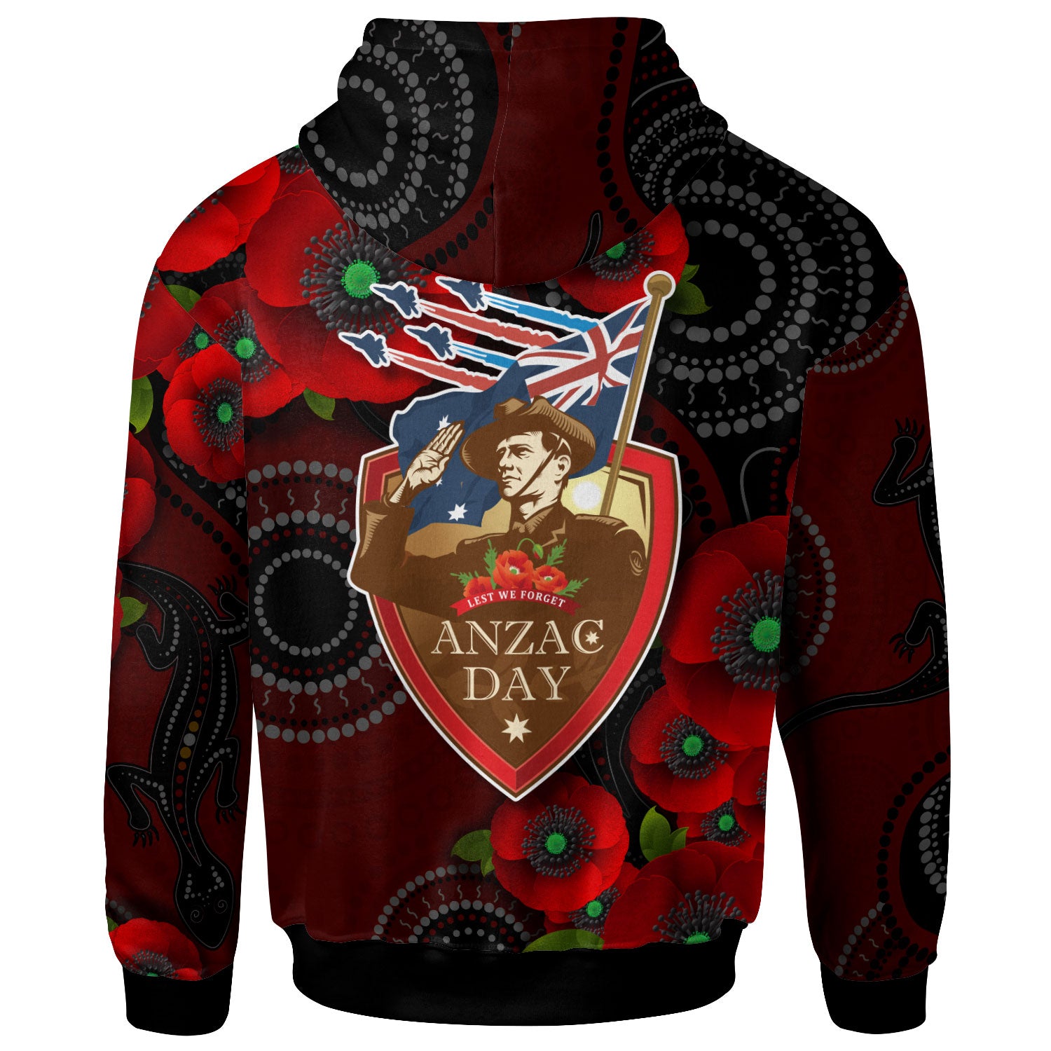 Australia Anzac Day Hoodie - Aboriginal Inspired Art Background With Lizard Poppy Flowers - Vibe Hoodie Shop