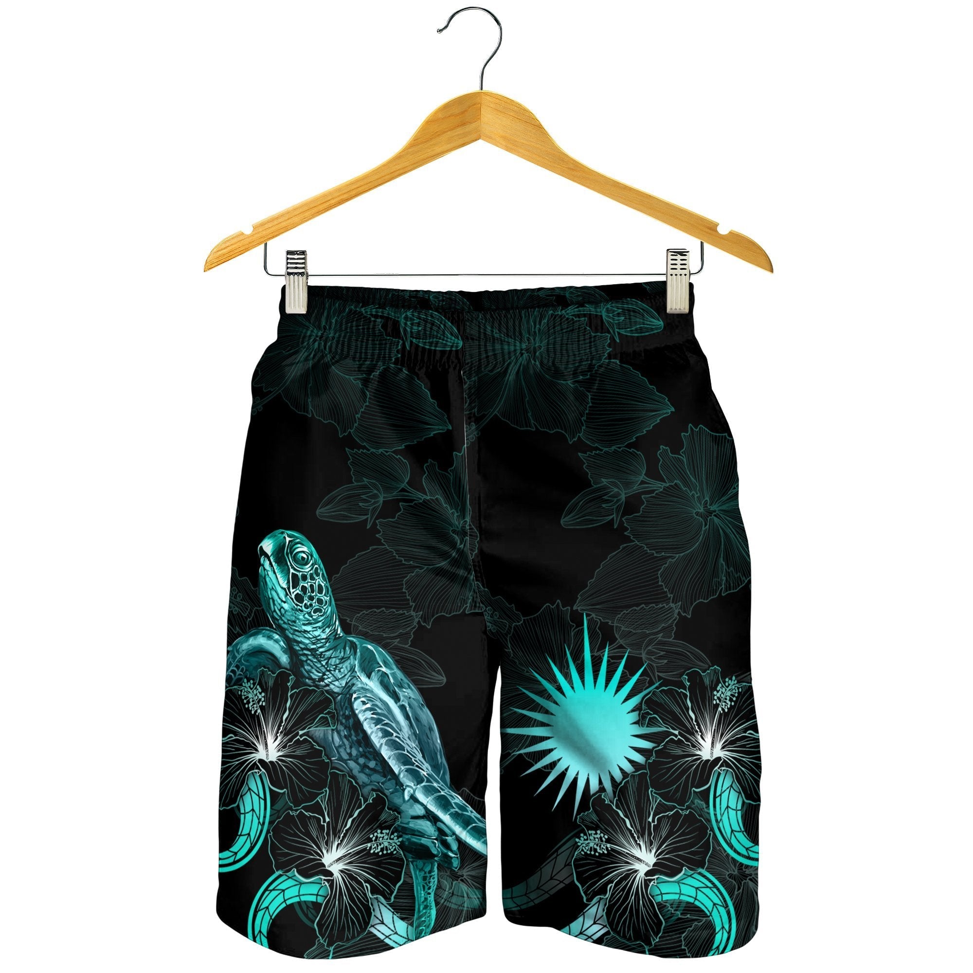 Marshall Islands Polynesian Men's Shorts - Turtle With Blooming Hibiscus Turquoise - Vibe Hoodie Shop