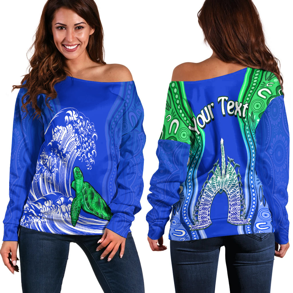 (Custom Personalised) Torres Strait Islands Off Shoulder Sweater The Dhari Mix Aboriginal Turtle Version Blue - Vibe Hoodie Shop