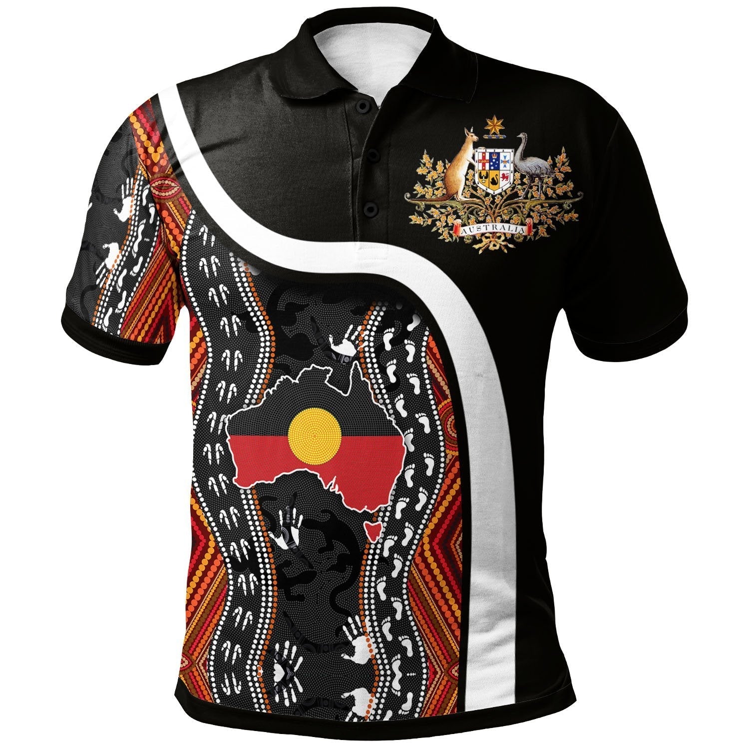 Vibe Hoodie Aboriginal Polo Shirt - Aboriginal Flag Lizard With Hand Curve Australia Coat Of Arm - AUS02 - RLT20 - Vibe Hoodie Shop