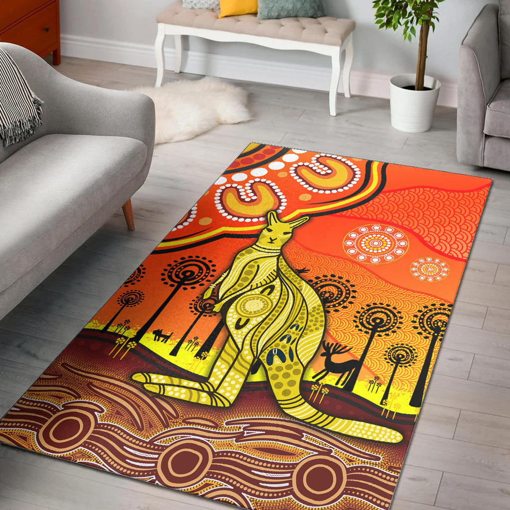 Aboriginal Art Kangaroo Area Rug Indigenous Unique Vibes - Orange - Vibe Hoodie Shop