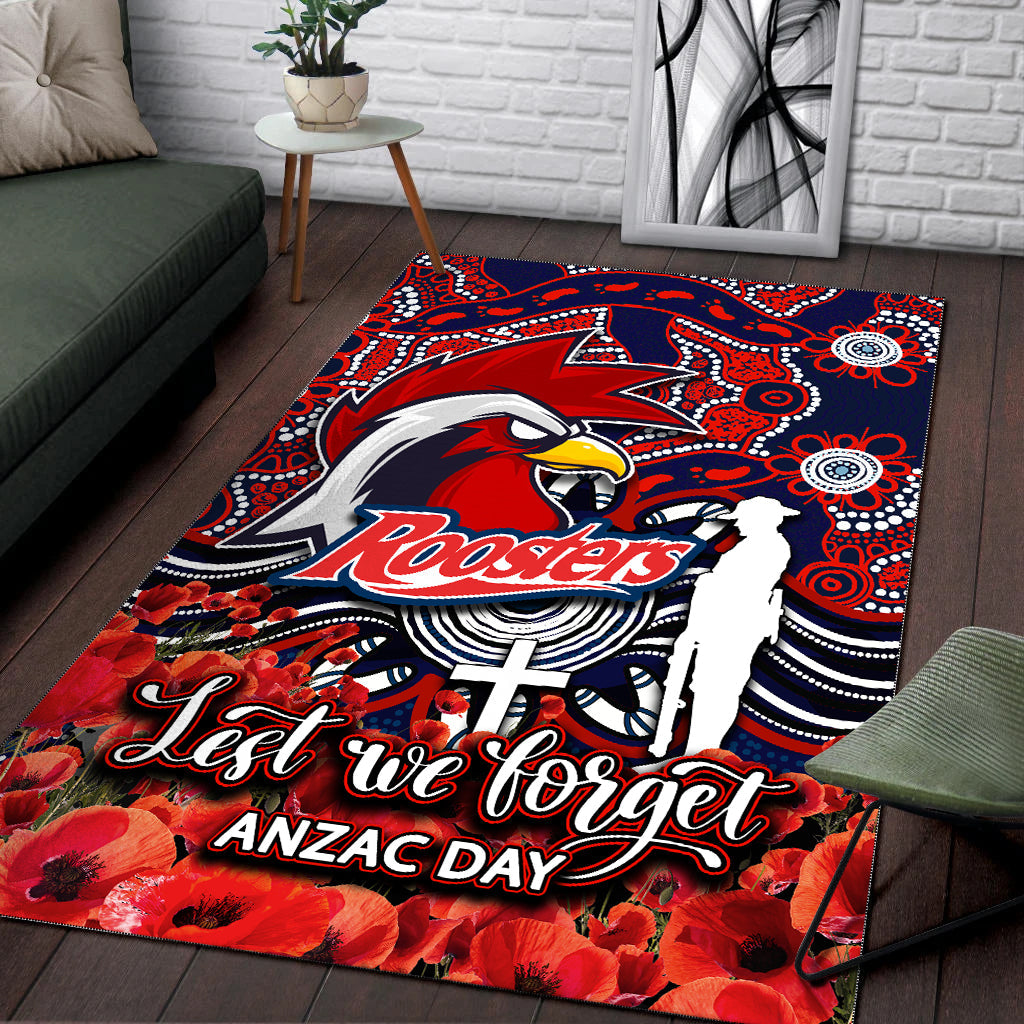 Roosters Area Rug ANZAC Day Poppy Flowers With Aboriginal - Vibe Hoodie Shop