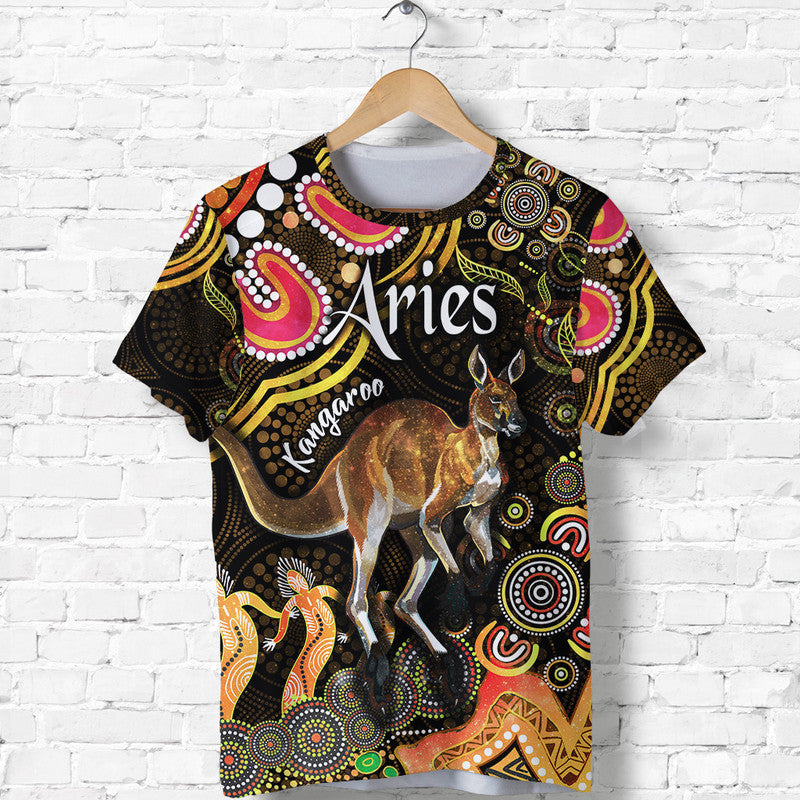 (Custom Personalised) Australian Astrology T Shirt Aries Kangaroo Zodiac Aboriginal Vibes - Gold - Vibe Hoodie Shop