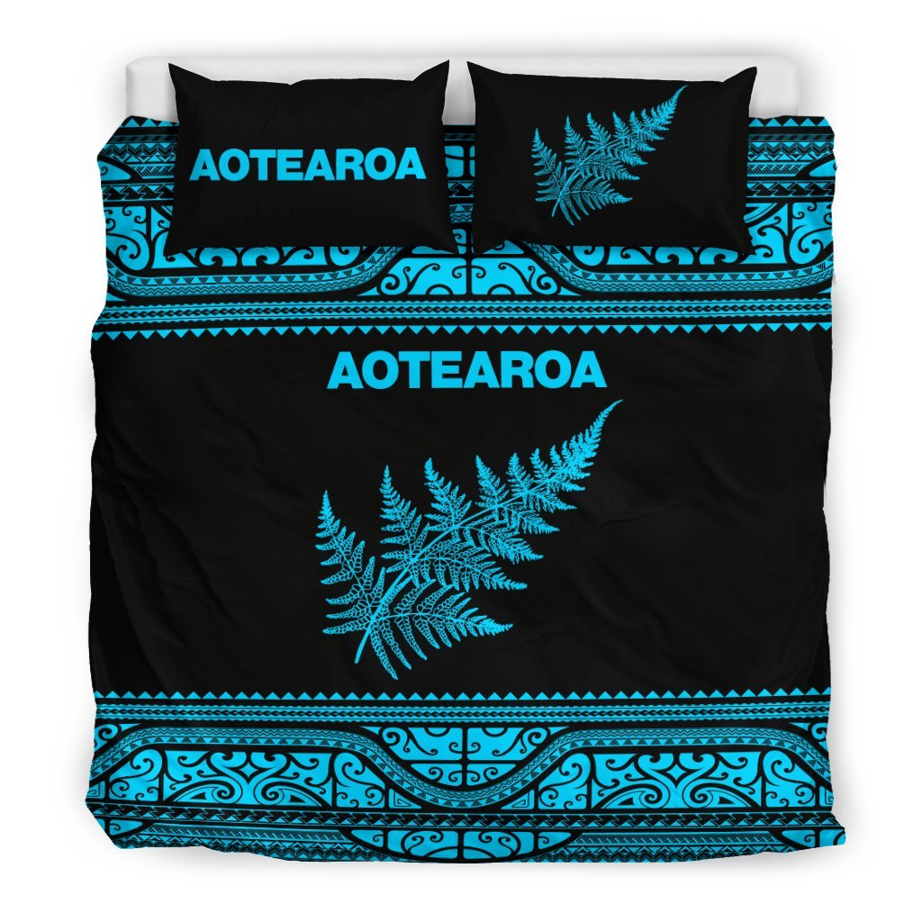 Aotearoa New Zealand Maori Bedding Set Silver Fern - Blue - Vibe Hoodie Shop