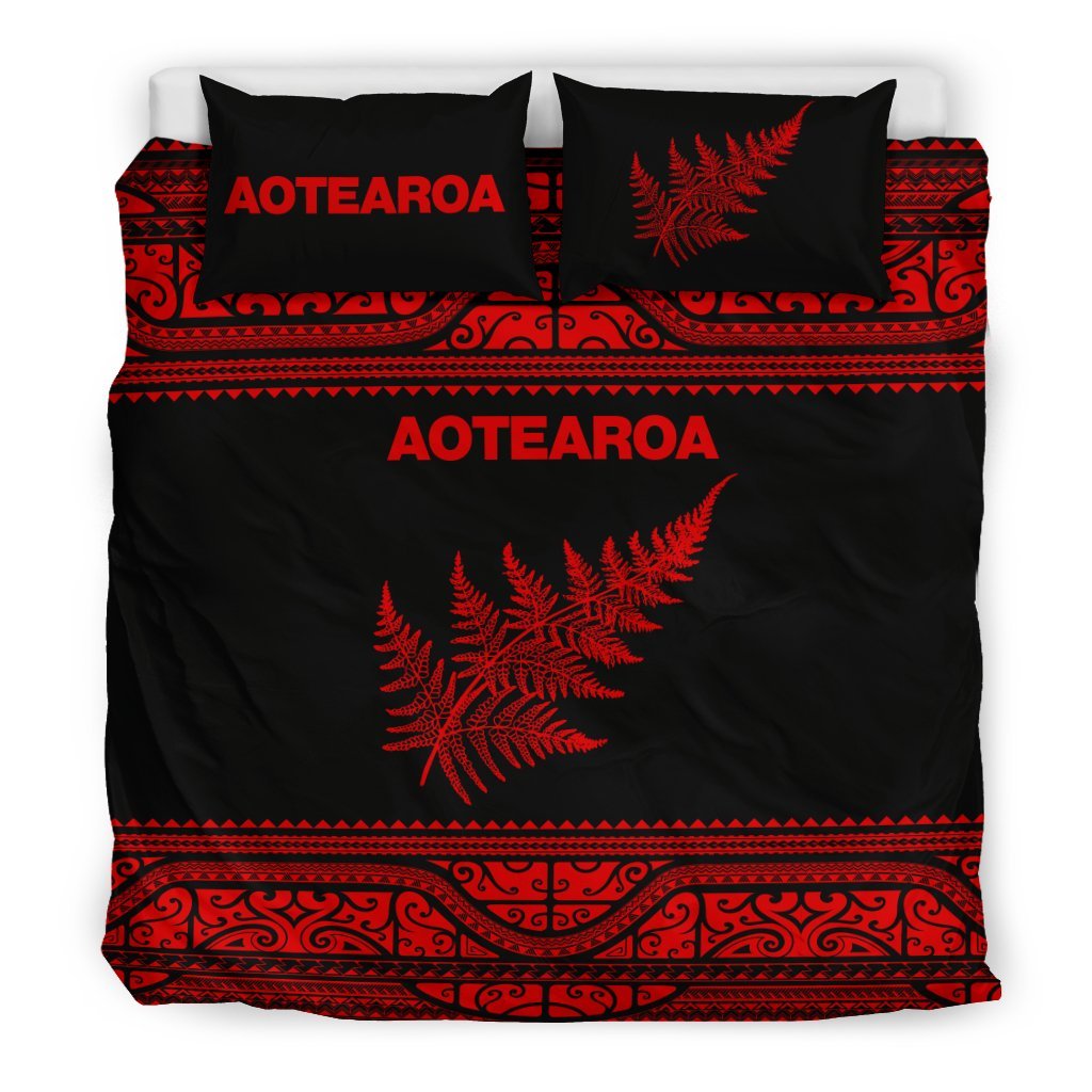 Aotearoa New Zealand Maori Bedding Set Silver Fern - Red - Vibe Hoodie Shop